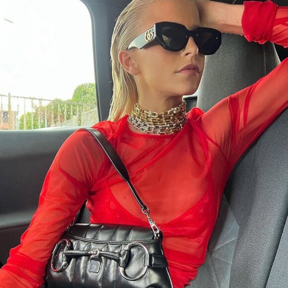 Gucci GG1421S 006 Sunglasses Transparent Red with GG Pattern Geometric Frame main image 9
